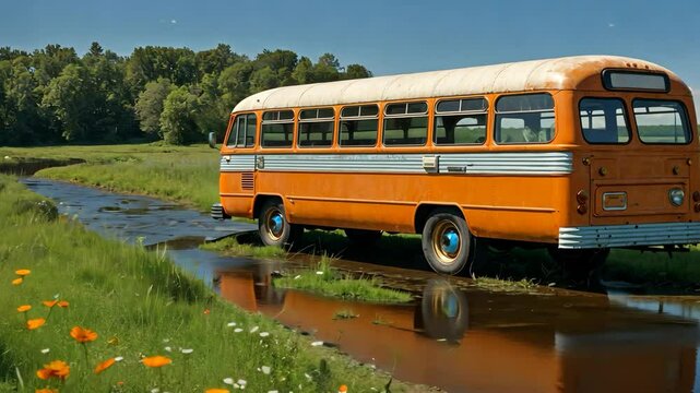 Video footage of old orange bus is parked beside a shallow stream in a lush green field with wildflowers and trees in the background under a clear blue sky