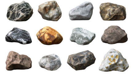 Collection of different types and shapes of rocks isolated on a transparent background. Each rock have different colors and unique shapes.