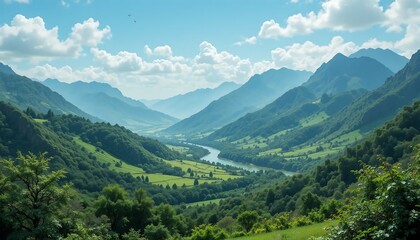 Stunning Panoramic View of Lush Green Valley and Mountains - Serene Nature Landscape
