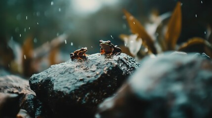 Frogs Hopping Across Boulders in a Rainy Jungle