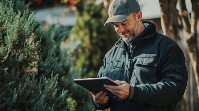 Professional landscape arborist technician using a tablet to provide a customer a quote on the outdoor job site