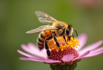 A close-up shot of a bee pollinating a flower