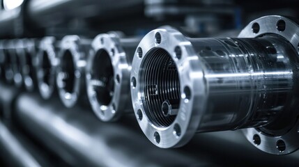 Fototapeta premium Rows of Shiny Metallic Industrial Parts Components and Equipment Lined Up in a High Tech Factory Workshop Showcasing Precision Engineering and Manufacturing