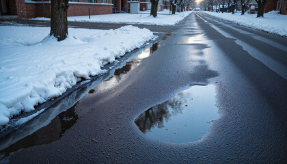 Obraz premium Melting snow and reflective puddles on asphalt road, urban winter scene