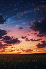 Fototapeta premium Field of Grass with Starry Sky