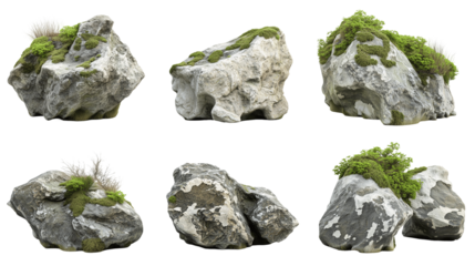 Set of green mossy rocks isolated on a transparent png background. Each rock has patches of green moss and small grass growing on them.