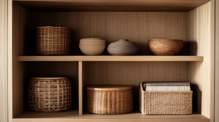 Fototapeta premium Wooden Shelf with Woven Baskets and Earthy Pottery: A Minimalist Home Decor Aesthetic