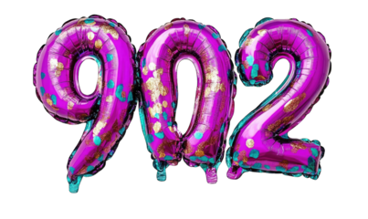 Shiny purple 2022 number balloons with confetti.