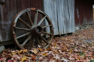 Fototapeta premium An old wooden wagon wheel rests among autumn leaves by a rustic shed.
