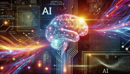 Obraz premium Abstract AI design with glowing neural networks and vibrant digital elements, generado con IA.