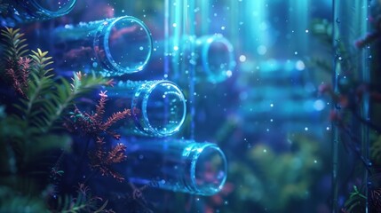 Captivating underwater scene featuring a swirling array of glowing colorful bubbles amidst a mesmerizing ethereal atmosphere  This surreal dreamlike landscape exudes a sense of tranquility and wonder