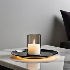 a burning candle on the table in the room