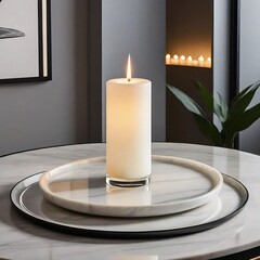 a burning candle on the table in the room