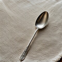 a silver spoon on a white napkin