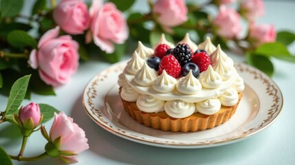 Delectable Mini Tart with Creamy Frosting and a Burst of Fresh Berries, Adorned with Delicate Pink Roses