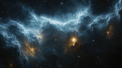 Abstract cosmic nebula with swirling blue and gold clouds.
