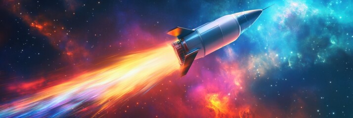 A Majestic Rocket Launch into the Cosmos  Amidst Vibrant Nebulae and Starry Expanse