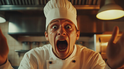 Screaming chef in restaurant kitchen