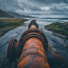 Dramatic and moody coastal landscape with a rusting industrial pipeline crossing a stormy and weathered shoreline  The scene depicts the contrast between nature s power and man made infrastructure