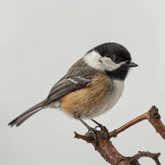 Obraz premium A tiny chickadee perched on a twig against a white background.