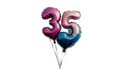 Pink, blue, and purple number 35 foil balloons.