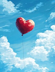 Fototapeta premium Heart-shaped balloon floating in a blue sky with clouds, symbolizing love and romance