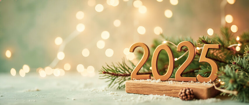 golden 2025 number on wood with pine snow