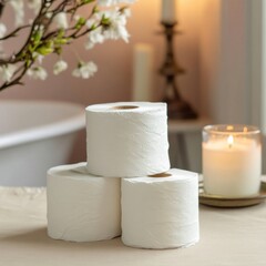Bathroom Essentials Stacked Toilet Paper Rolls Near a Lit Candle and Blooming Branch