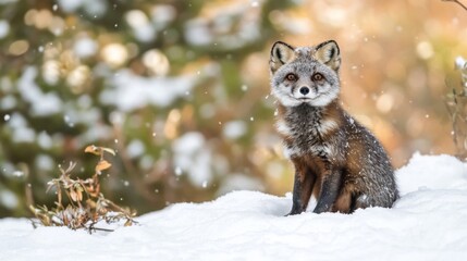 Obraz premium region fox in the snow, photo of arctic fox sitting on snow with copy space