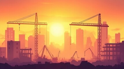 Fototapeta premium Modern Construction Site Silhouette with Cranes at Sunset