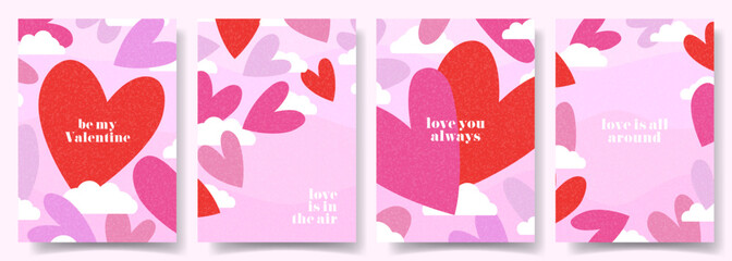 Trendy Valentine's Day posters. Concept of vector minimalist posters with typography design, hearts and clouds for Valentine's Day party, banner, card, ads, branding, cover, sale, social media.