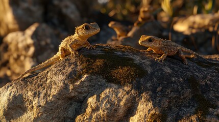 Fototapeta premium Reptiles Crawling on Moss Covered Jungle Rocks