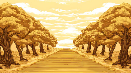 golden pathway lined with trees creates serene and tranquil atmosphere, inviting exploration and reflection. warm hues and soft clouds enhance peaceful scene