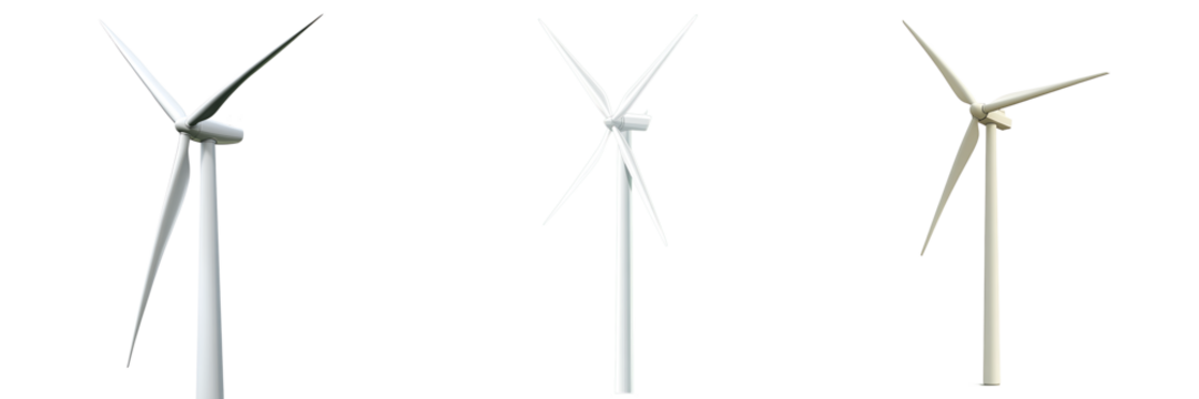 Set of a single wind turbine with rotating blades, isolated on a transparent background.