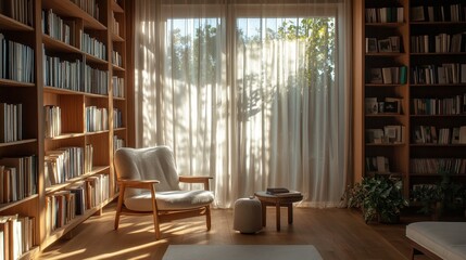 Modern library or bookstore interior with Learning and coworking space,relax zone,Library with rows of bookshelves arranged,school,university,shared desk and chairs,panoramic window.