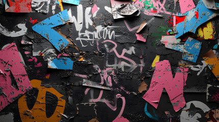 Fototapeta premium Gritty urban background with chipped paint and colorful graffiti layers, creating vibrant and edgy atmosphere. Perfect for artistic and urban themed projects