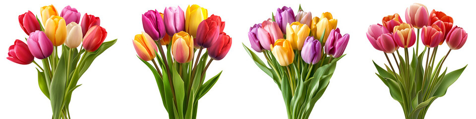 Set of a vibrant bouquet of tulips in assorted colors, isolated on a transparent background.