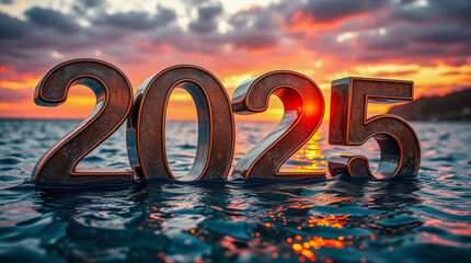 metallic 2025 numerals float on water at sunset