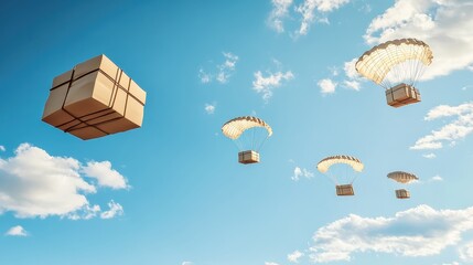 A Box flying on a parachute with sky cloud,vector illustration of package flying down from sky cloud with parachute,holiday red gifts,winter,shopping online,air delivery service.