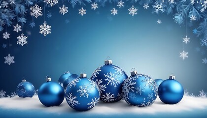 Fototapeta premium A blue background with snowflakes and a bunch of blue Christmas ornaments