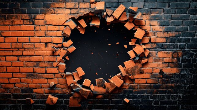 Orange bricks explode from a dark brick wall