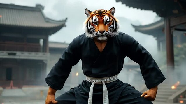 Martial Artist with Tiger Face in Misty Dojo, Poised for Action and Power