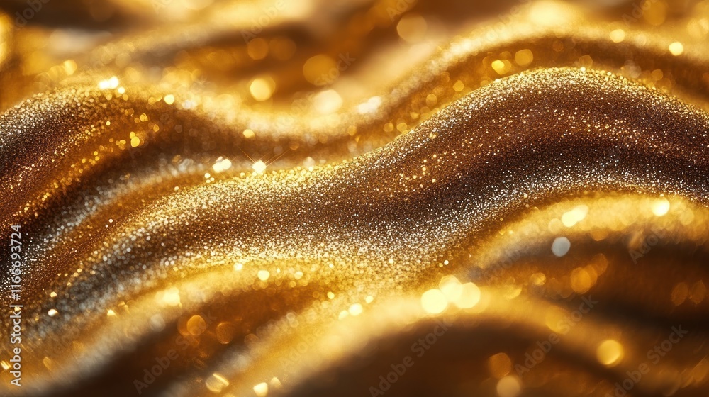 Wall mural abstract golden glitter texture with wavy pattern and bokeh lights.