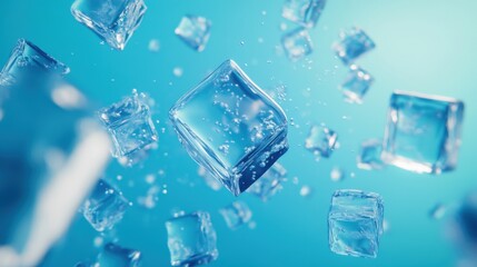 Obraz premium Frozen Aqua Symphony: A Stunning Visual of Falling Ice Cubes in a Vibrant Blue Background