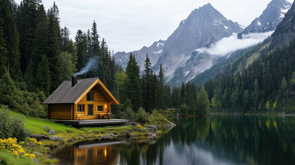Fototapeta premium serene mountain cabin by tranquil lake, surrounded by lush nature