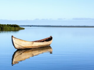 Sustainable Seafood Concept. A serene landscape featuring a wooden boat peacefully floating on calm waters, reflecting the blue sky and surrounding greenery.
