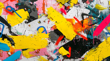 Naklejka premium vibrant and chaotic abstract painting featuring bold colors like yellow, pink, and black, showcasing mix of brush strokes and splatters that evoke sense of energy and creativity