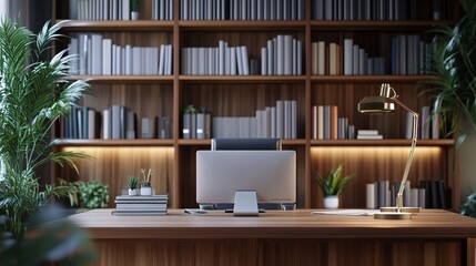 Modern Professional Office Background with Plants and Bookshelves