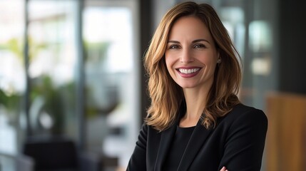 Confident Businesswoman Smiling in Modern Office Environment