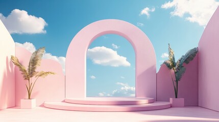 3d background product display podium scene with leaf geometric platform,cloud and sky, palm shadows and white stone podium,Mockup for eco beauty cosmetic advertising,Copy space.